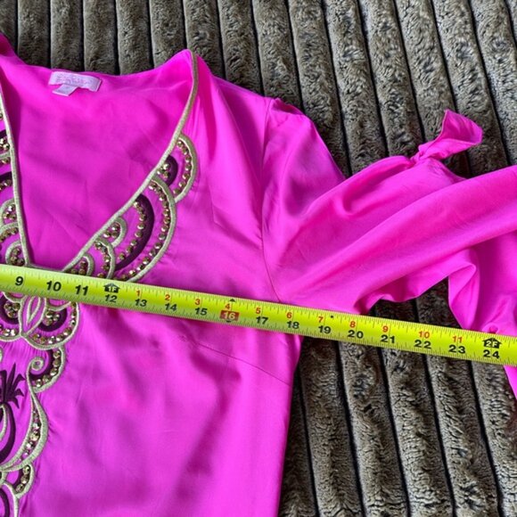 Lilly Pulitzer Avila Bright Pink Silk Gold Embellished Tie Sleeve Dress size M - Picture 8 of 9